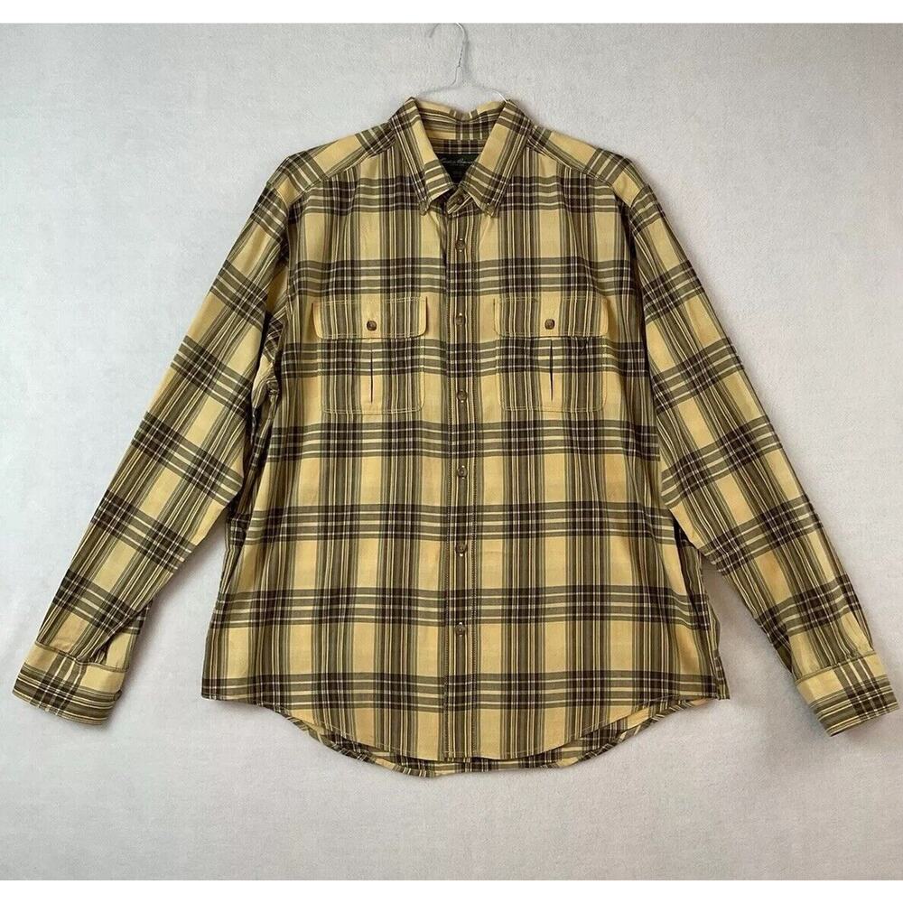 Eddie Bauer Shirt Mens XL Tan Brown Plaid Long Sleeves Button Up Down Cotton